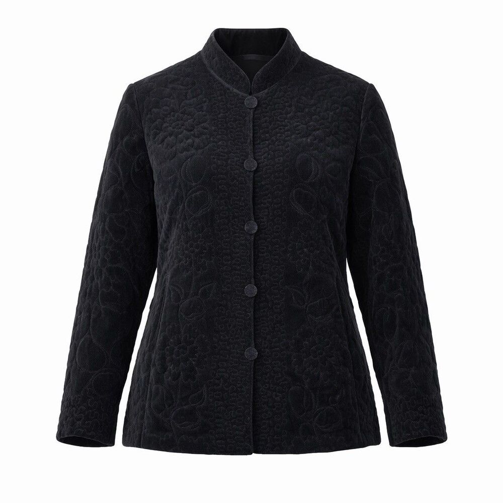 Vintage Quilted Black Velvet Mandarin Collar Jacket Women's Asian Inspired Coat